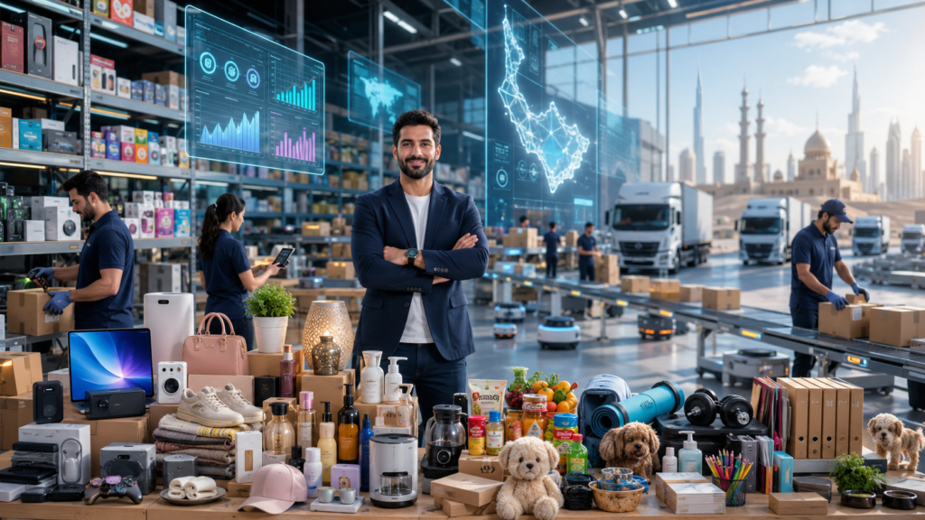 "Modern eCommerce fulfillment warehouse showcasing business growth on Noon Marketplace with products, warehouse staff, and delivery operations