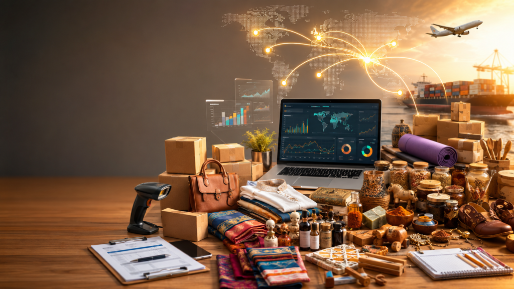 Illustration of Amazon Global Selling featuring export products, shipping boxes, a laptop dashboard, cargo ship, airplane, and a world map with global trade connections