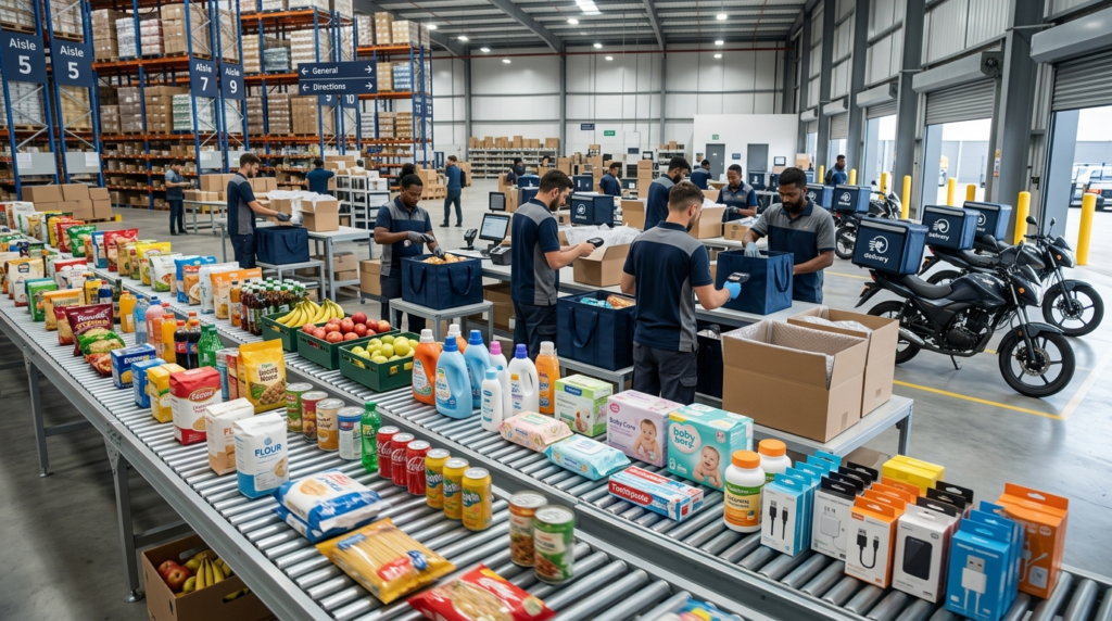 Workers packing groceries, household essentials, and electronics in a modern eCommerce fulfillment warehouse with conveyor belts and delivery bikes.