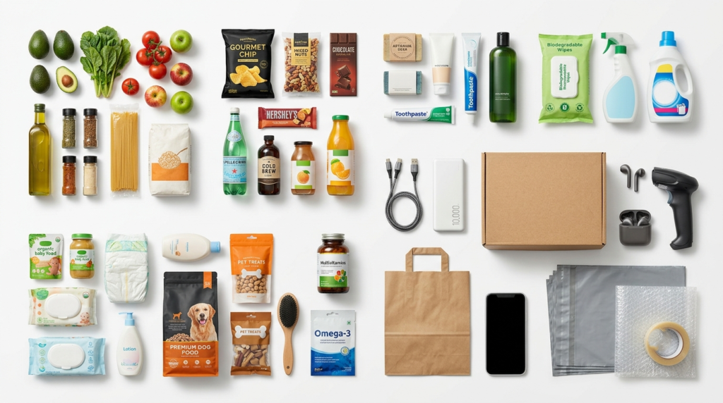 Flat lay of groceries, household essentials, personal care items, electronics, pet supplies, and packaging materials arranged on a white background.