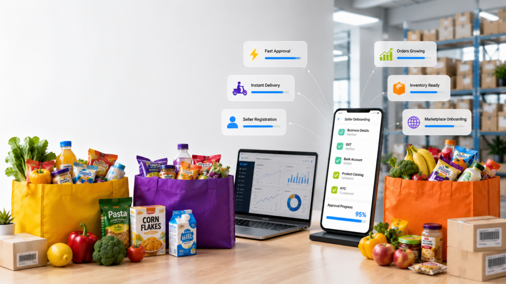 Quick commerce seller onboarding workspace with marketplace-ready grocery products, a seller approval dashboard, and inventory management tools.