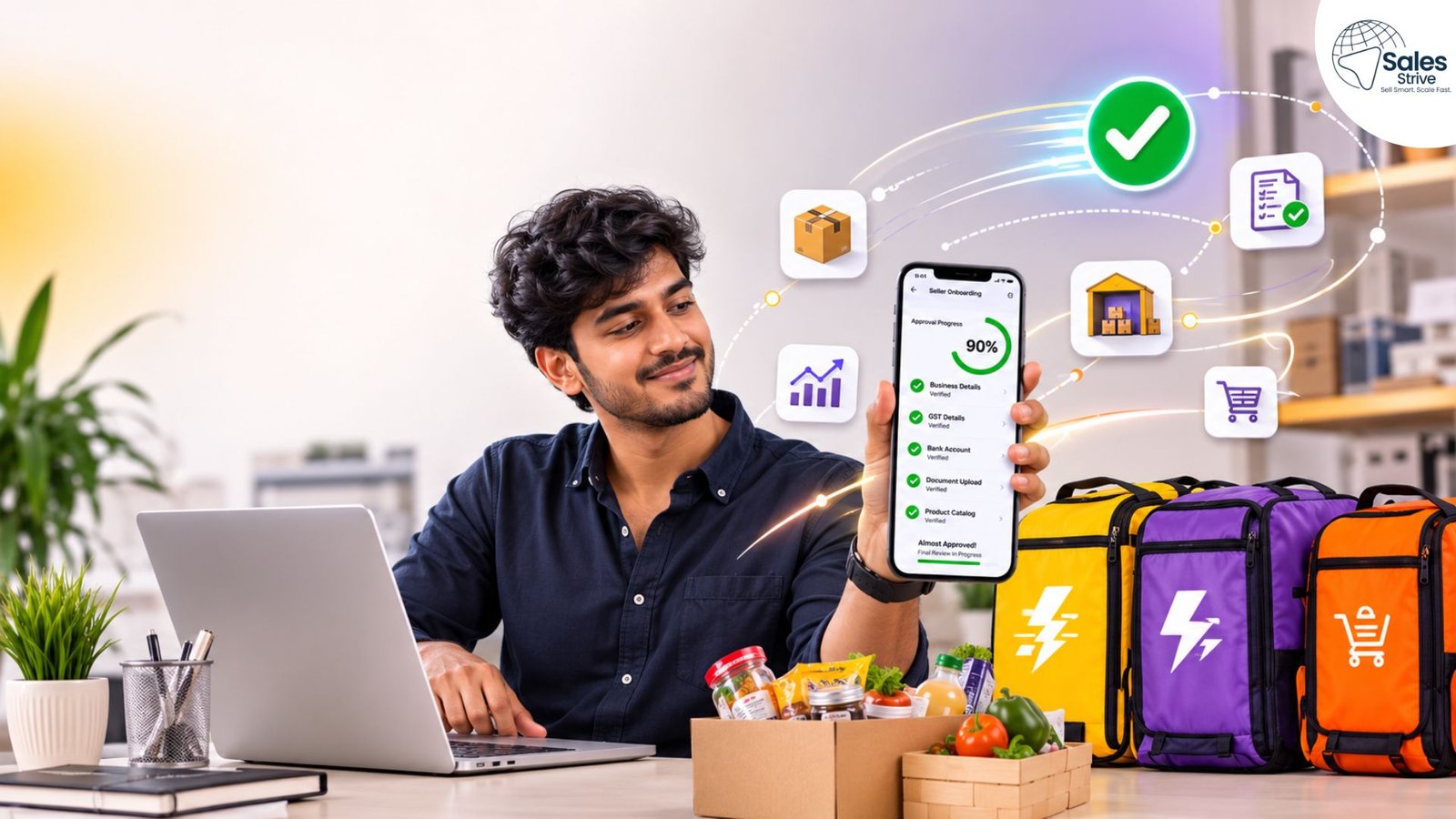 An eCommerce entrepreneur using a laptop while holding a smartphone displaying a seller onboarding dashboard with 90% approval progress.