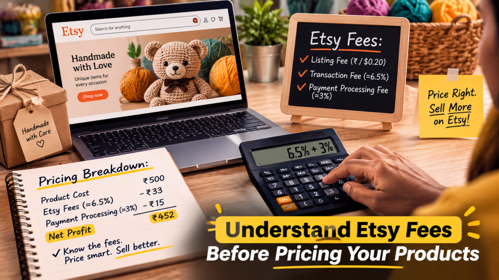 Etsy fees breakdown and pricing calculator for Indian sellers, showing listing fees, transaction fees, payment processing, product costs, and net profit.
