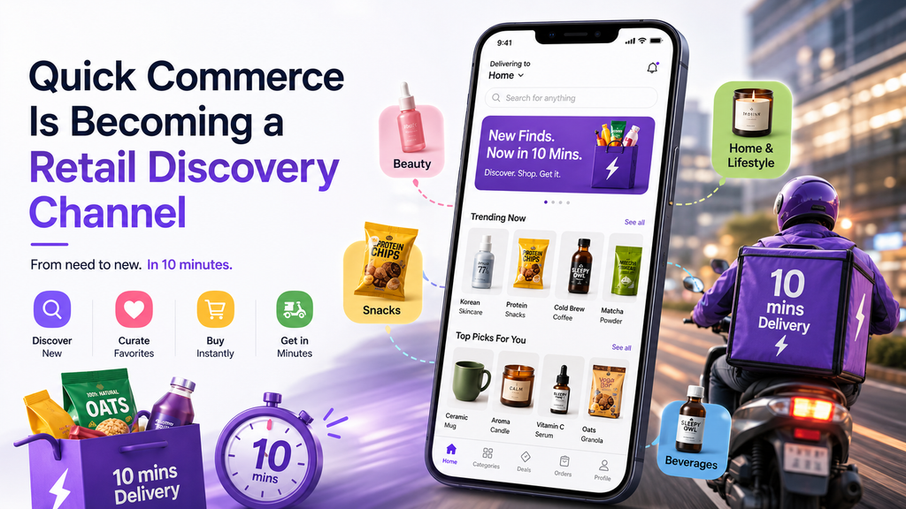Quick commerce becoming a retail discovery channel, featuring a mobile shopping app, 10-minute delivery rider, and categories including beauty, snacks, beverages, home, and lifestyle products.