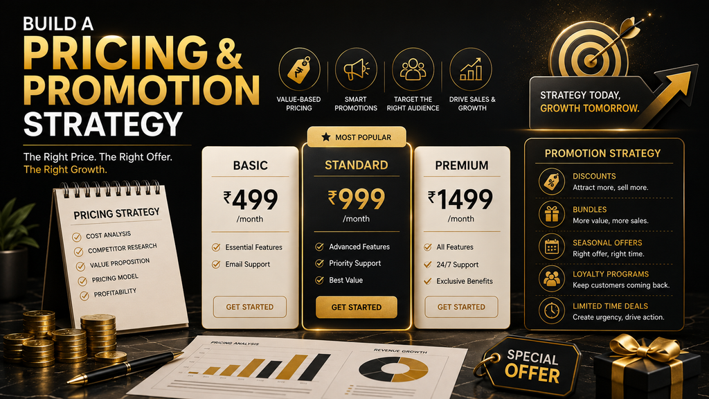 Pricing and promotion strategy concept featuring basic, standard, and premium pricing plans, value-based pricing, discounts, bundles, seasonal offers, loyalty programs, and sales growth analytics.