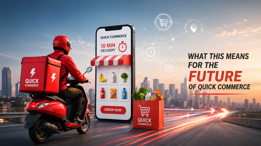 Quick-commerce delivery concept featuring a rider on a scooter, smartphone shopping interface, grocery bag, fast delivery trails, and a city skyline representing the future of quick commerce.