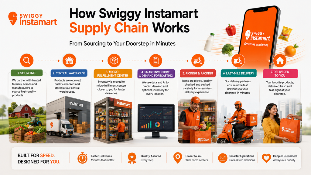 How Swiggy Instamart’s supply chain works, showing sourcing, central warehousing, micro fulfilment centres, smart inventory and demand forecasting, picking and packing, last-mile delivery, and doorstep delivery.