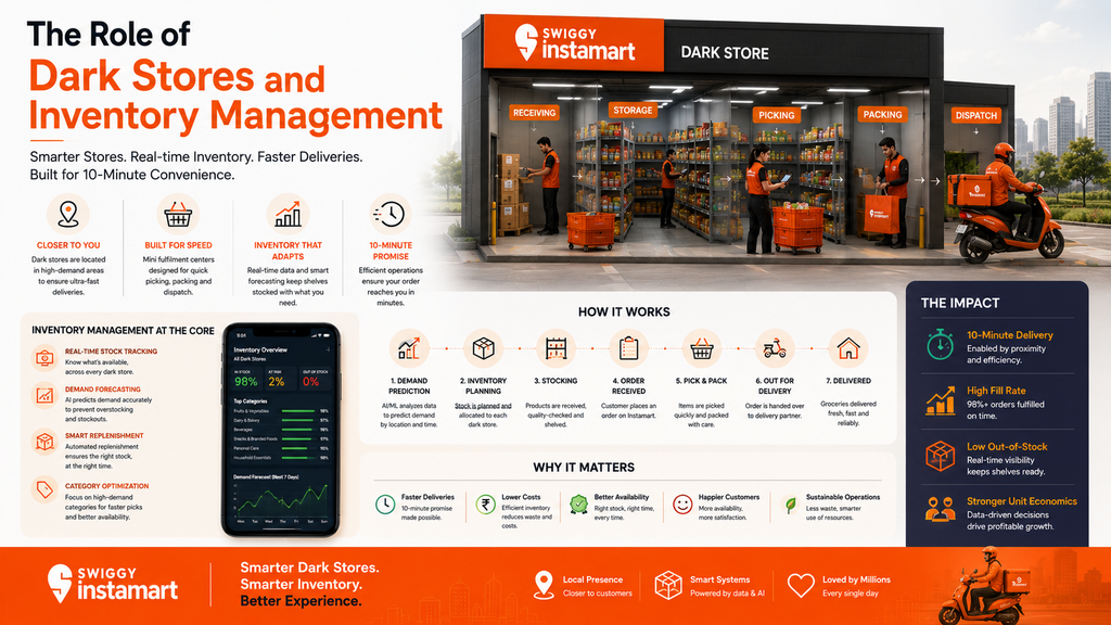 How Swiggy Instamart’s supply chain works, from sourcing and central warehousing to micro fulfilment centres, smart inventory management, picking and packing, last-mile delivery, and doorstep delivery.