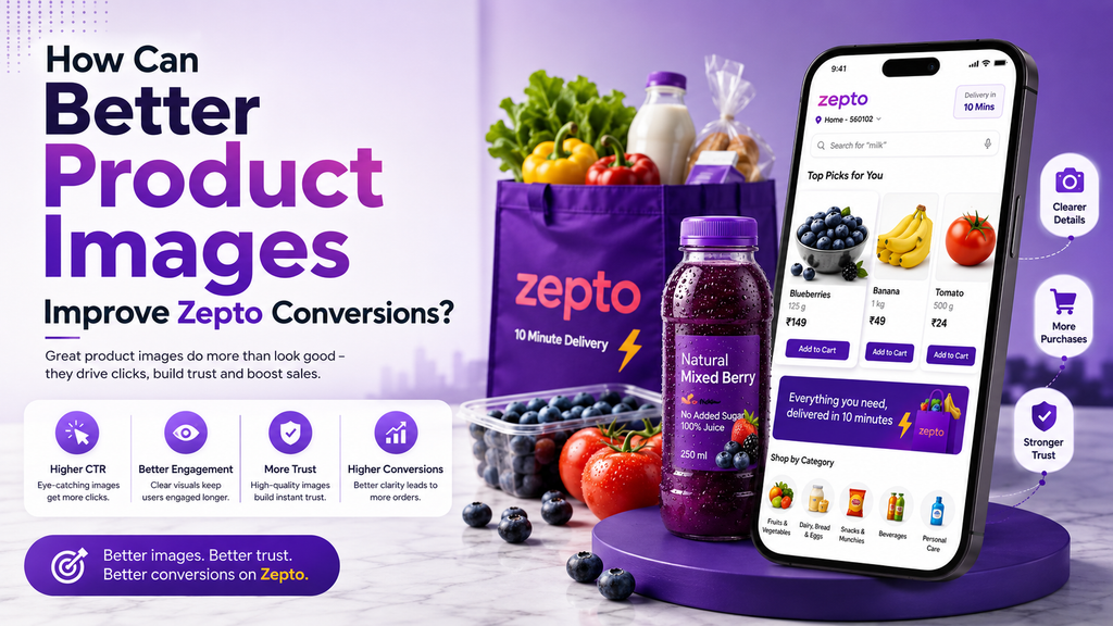 Zepto product listing optimization with a mobile shopping interface, highlighting better visibility, optimized listings, increased sales, and faster 10-minute delivery.