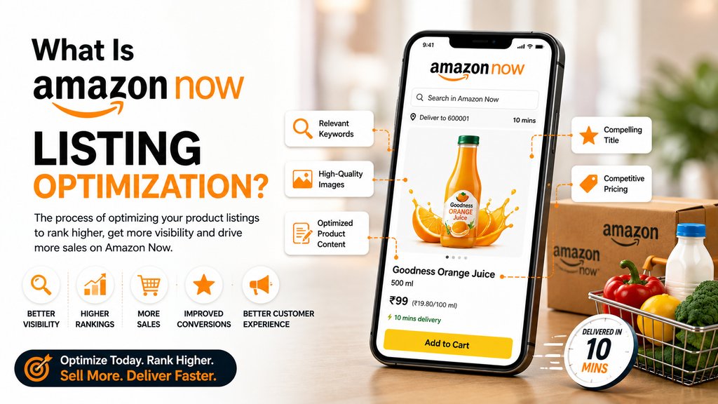 Amazon Now listing optimization guide showing a product listing with relevant keywords, high-quality images, optimized content, compelling title, competitive pricing, and benefits like better visibility, higher rankings, and improved conversions.
