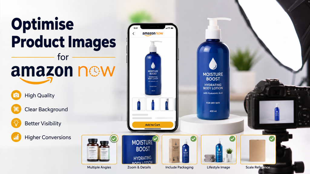 Optimised product images for Amazon Now featuring a blue hydrating body lotion with multiple angles, packaging, lifestyle image, and scale reference.