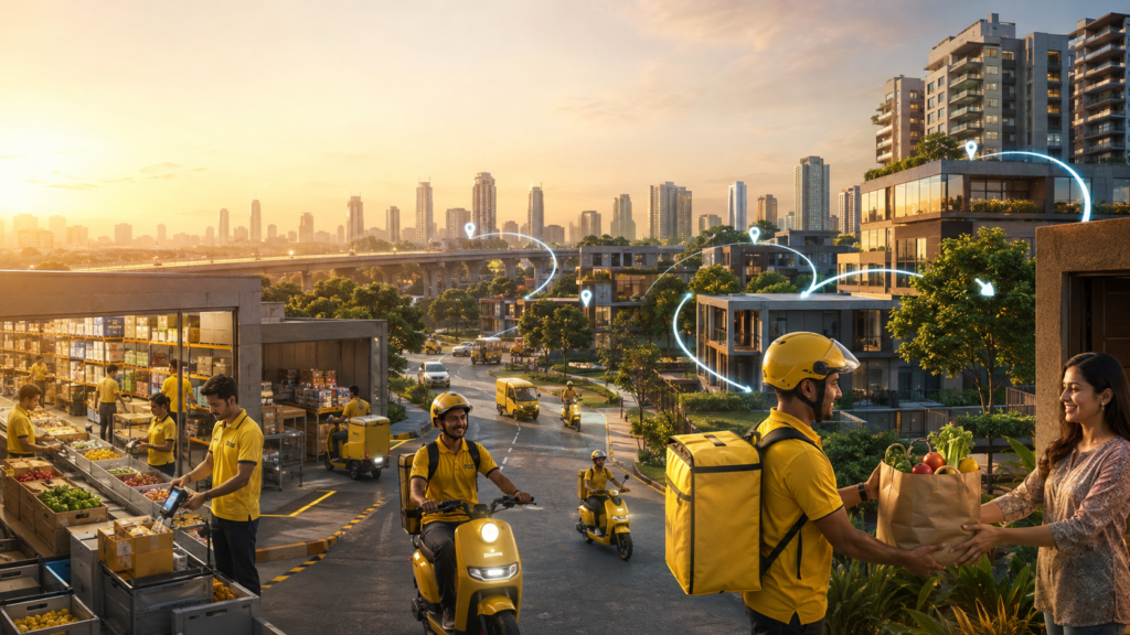 Quick-commerce delivery scene showing grocery workers, delivery riders, a customer receiving groceries, and delivery routes across a modern city.