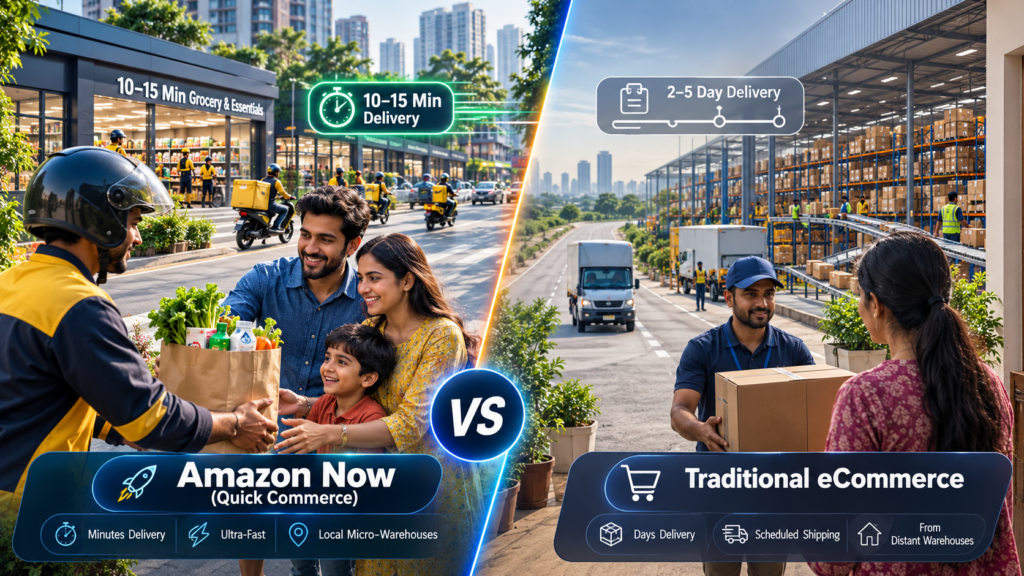 Amazon Now quick commerce versus traditional eCommerce, comparing 10–15 minute local delivery with 2–5 day delivery from distant warehouses.
