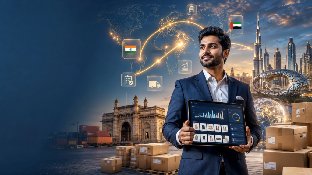 Indian entrepreneur showcasing an ecommerce dashboard with India-UAE trade routes, logistics, products, and Dubai landmarks representing global marketplace expansion.