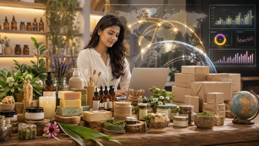 Woman managing an ecommerce business with handmade products, shipping boxes, and global marketplace analytics.