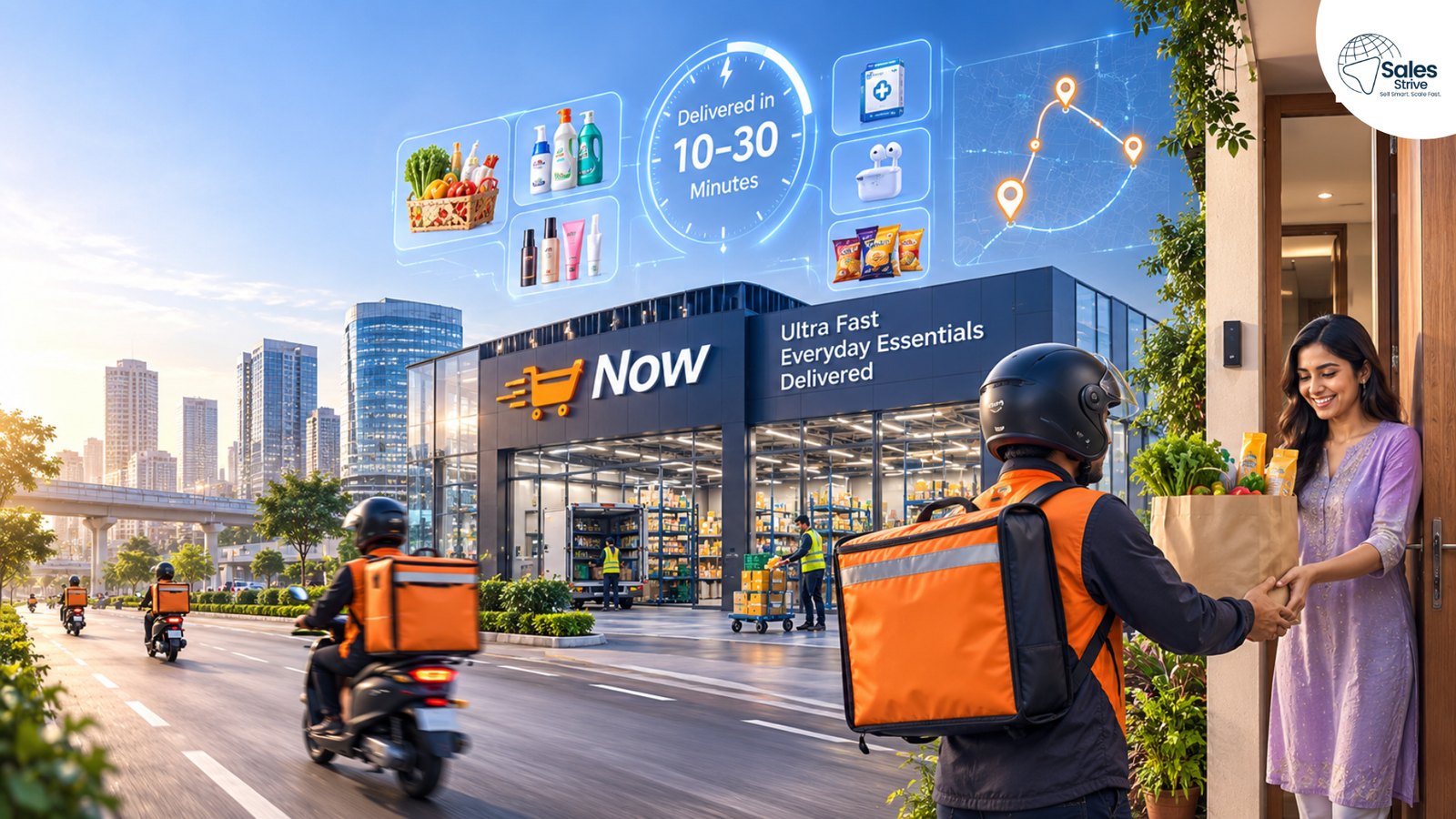 Amazon Now quick commerce hub with ultra-fast 10–30 minute delivery, delivery riders, everyday essentials, and a customer receiving groceries at her doorstep.