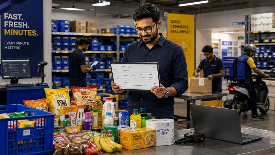 Indian eCommerce seller reviewing Flipkart Minutes onboarding on a tablet inside a quick-commerce warehouse with grocery products, inventory shelves, and delivery operations in the background.