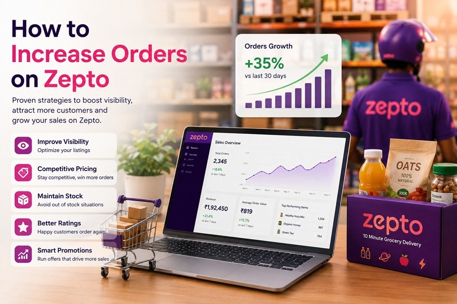 Zepto seller analyzing sales growth on a laptop, with strategies for improving visibility, competitive pricing, stock availability, ratings, and promotions to increase orders.