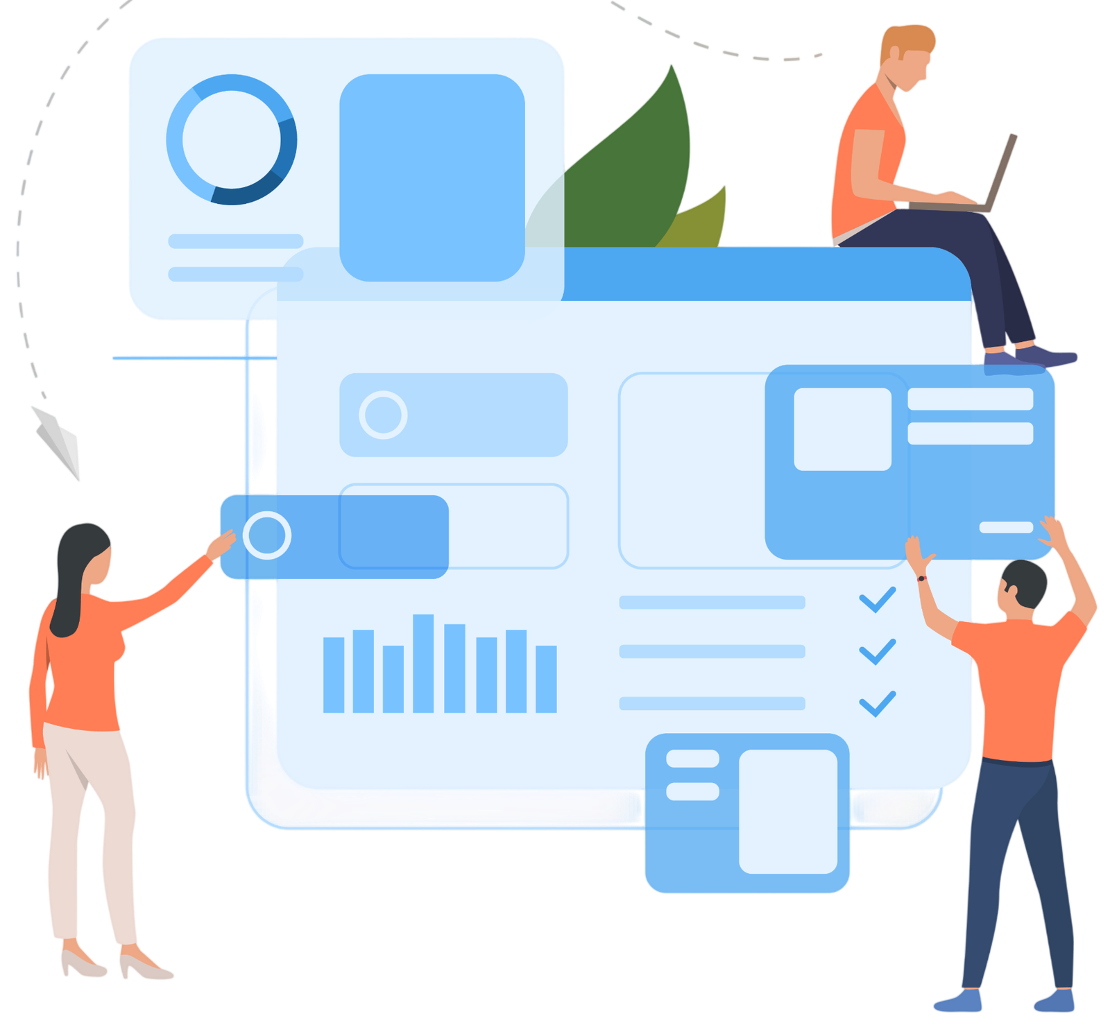 Illustration of a digital dashboard with analytics charts, interface elements, and people collaborating on a business data management platform.