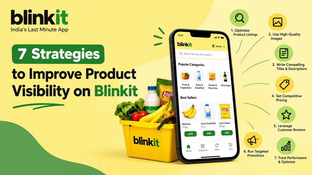 7 strategies to improve product visibility on Blinkit through SEO, listing optimization, reviews, promotions, and performance tracking.