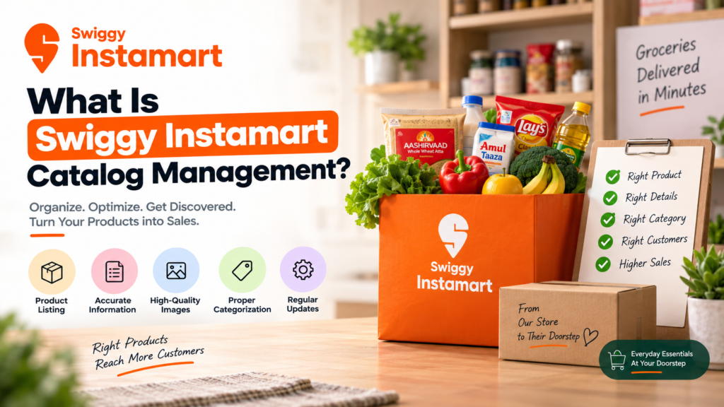Swiggy Instamart catalog management with organized products and optimized listings.