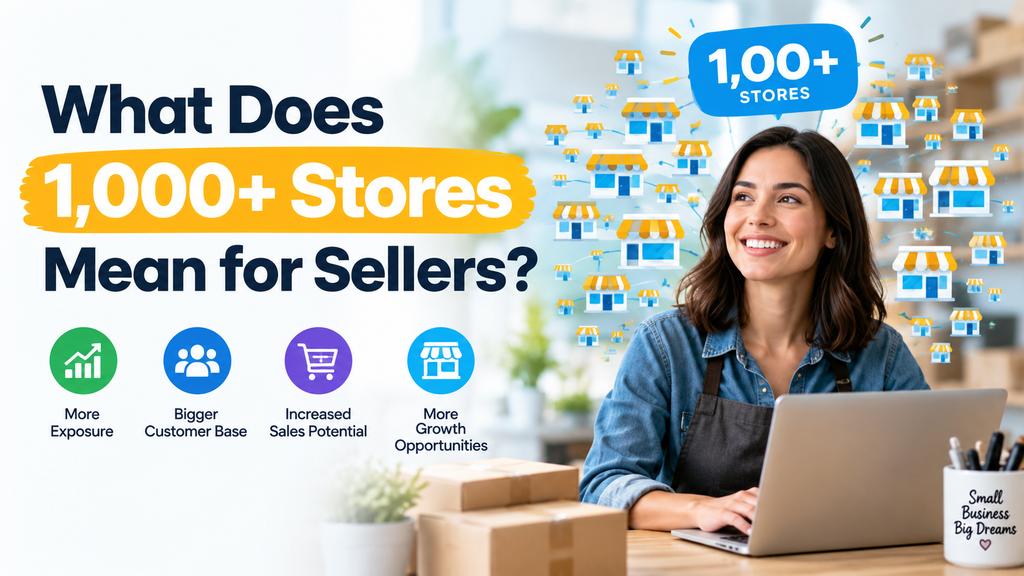Promotional banner highlighting 1,000+ stores and their benefits for sellers, including more exposure, a bigger customer base, increased sales potential, and more growth opportunities, with a smiling small business owner working on a laptop.