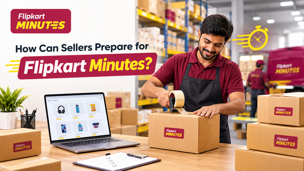 Flipkart Minutes warehouse scene showing a seller packing orders, with product listings on a laptop and delivery boxes ready for fast fulfillment.