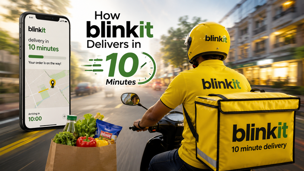 Blinkit delivery partner riding a scooter with groceries, showing how Blinkit delivers orders in 10 minutes.