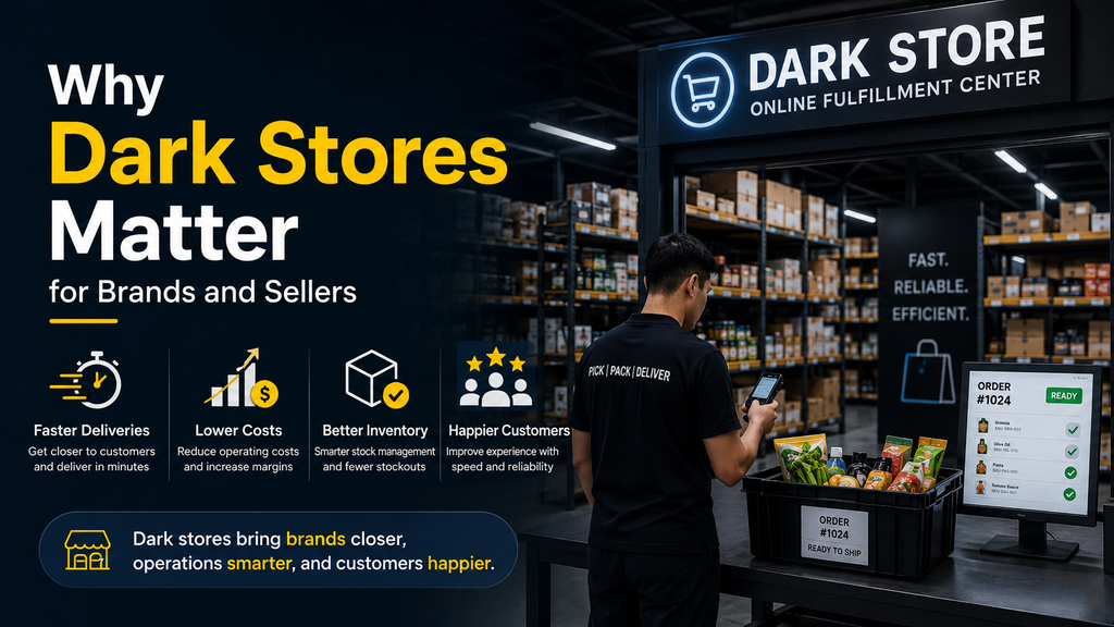 Dark store online fulfillment center showing a worker preparing grocery orders, with faster deliveries, lower costs, better inventory, and happier customers highlighted for brands and sellers.