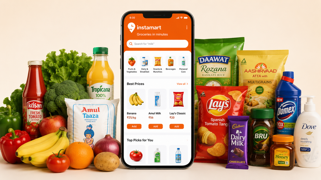 Instamart grocery delivery promotional image featuring a smartphone displaying the Instamart app, surrounded by fresh vegetables, fruits, beverages, snacks, packaged foods, and household products.