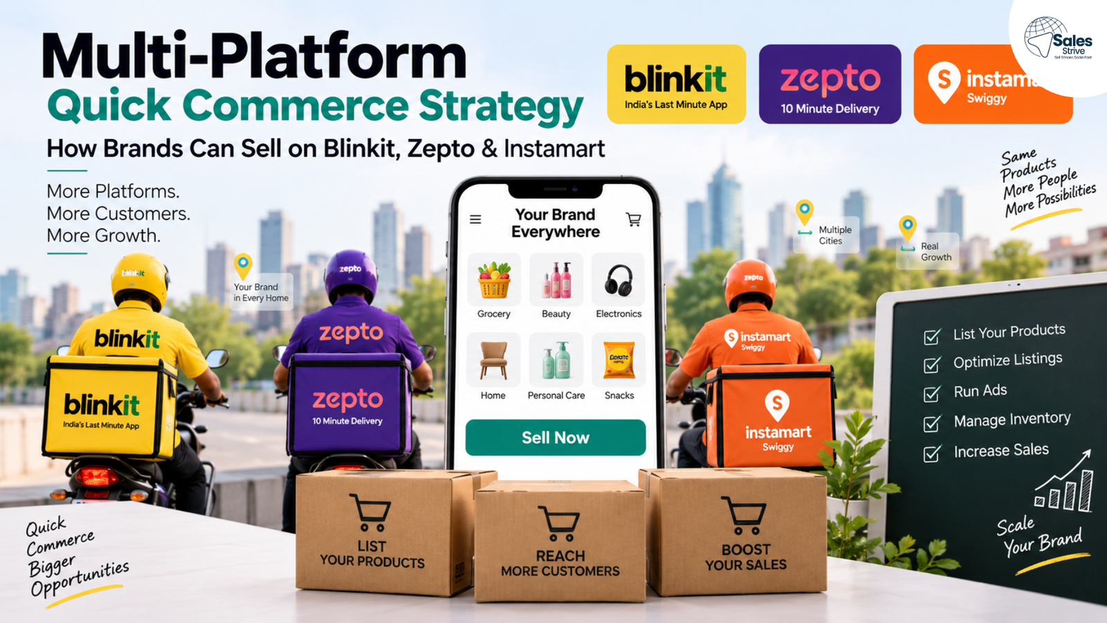 Multi-platform quick commerce strategy for brands selling on Blinkit, Zepto, and Instamart, highlighting product listings, customer reach, advertising, inventory management, and sales growth.