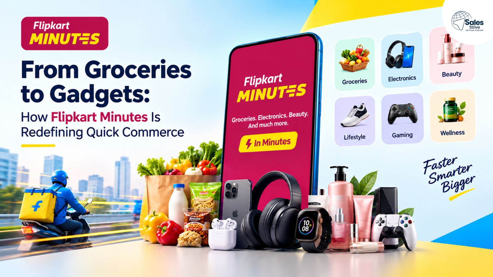 Flipkart Minutes quick commerce banner showcasing groceries, electronics, beauty, lifestyle, gaming and wellness products with a delivery rider and smartphone.