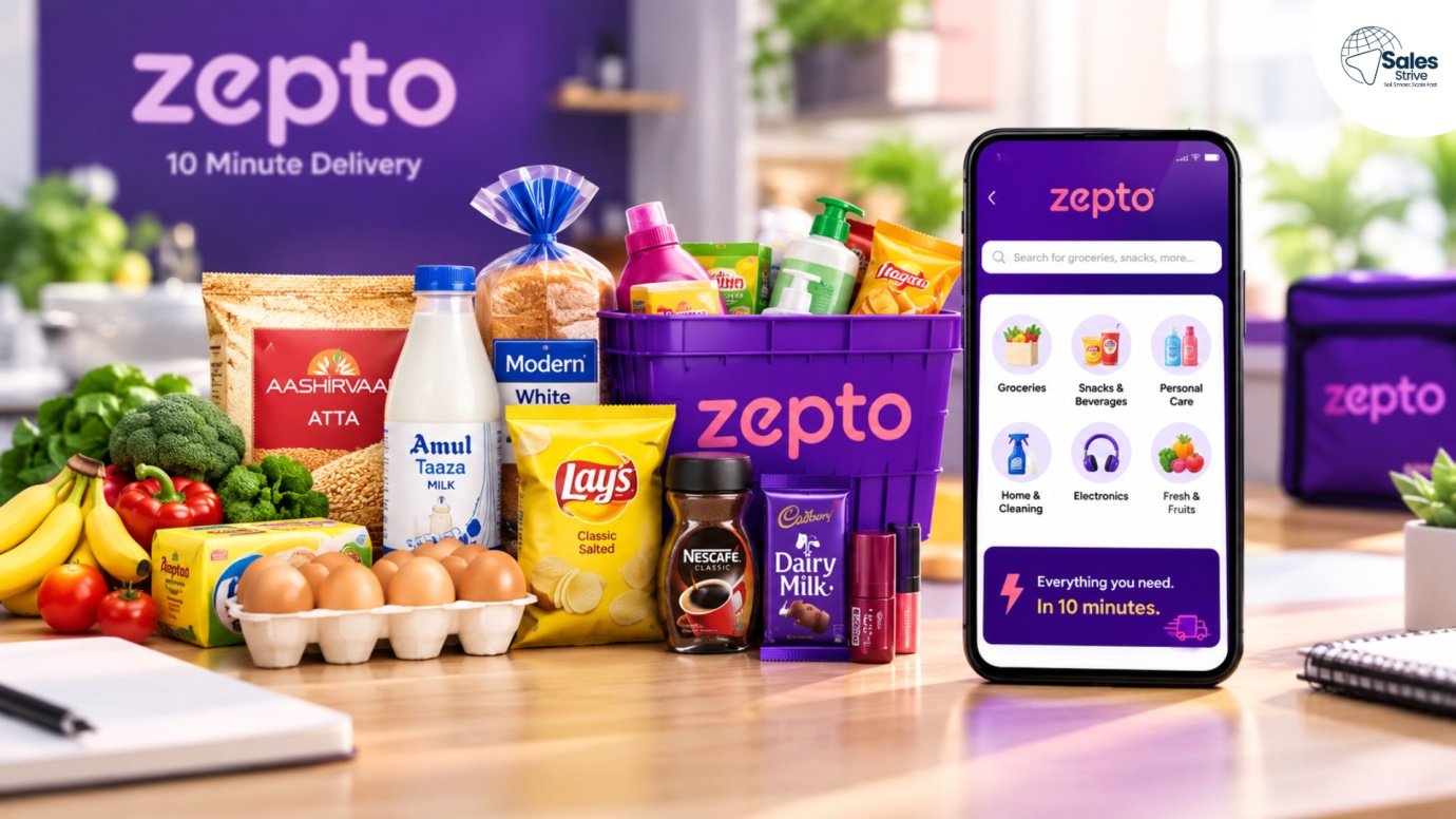 Zepto quick commerce product assortment featuring groceries, snacks, personal care items, and a Zepto mobile app showing 10-minute delivery.
