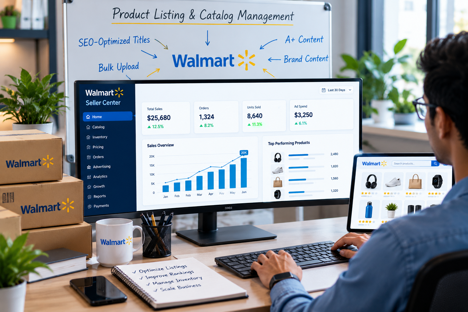 Walmart marketplace seller account management and product catalog optimization