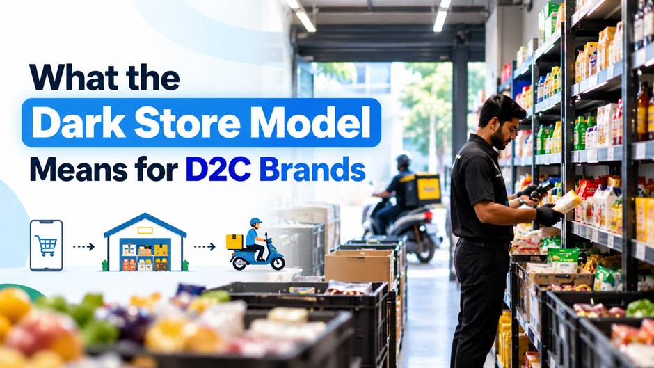 Dark store model for D2C brands, showing a warehouse worker picking products from shelves for quick delivery.