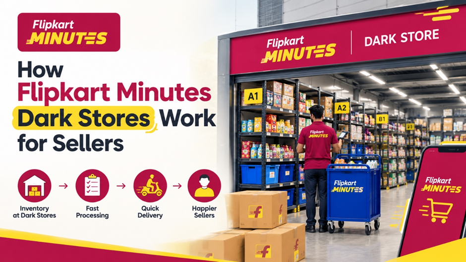 Flipkart Minutes dark store showing how sellers’ products are stored, processed, picked, and delivered quickly through a quick-commerce fulfillment system.