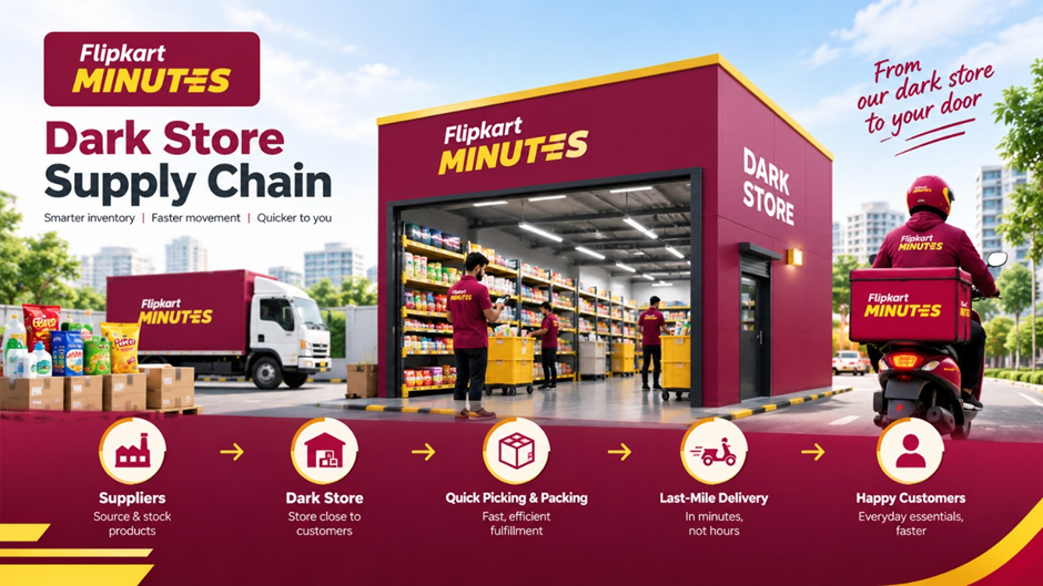 Flipkart Minutes dark store supply chain showing product sourcing from suppliers, inventory storage, quick picking and packing, last-mile delivery, and fast delivery of everyday essentials to customers.