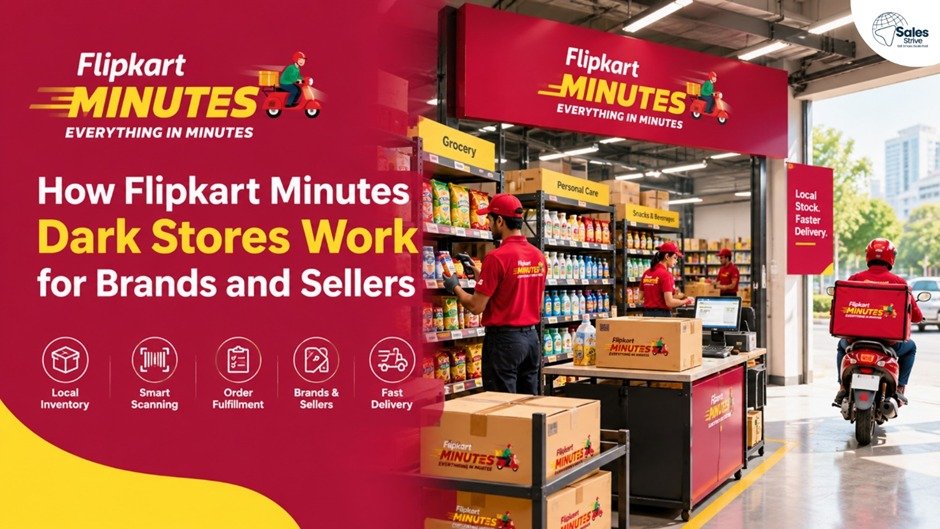 Flipkart Minutes dark stores showing how the quick-commerce model works for brands and sellers, including local inventory, order fulfillment, and fast delivery.