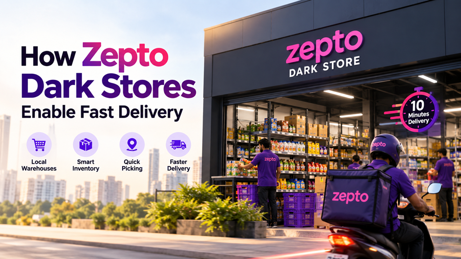 Zepto dark store with delivery staff and rider, illustrating how dark stores enable fast 10-minute delivery through local warehousing, smart inventory, quick picking, and faster delivery.