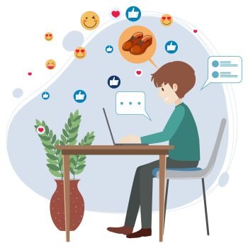 Man using laptop with social media icons